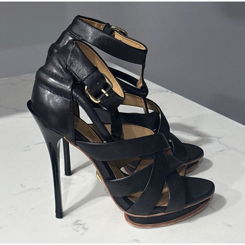 Vintage Y2K LAMB Gwen Stefani High Heels 8 Black Leather Stiletto Platform - Picture 1 of 16